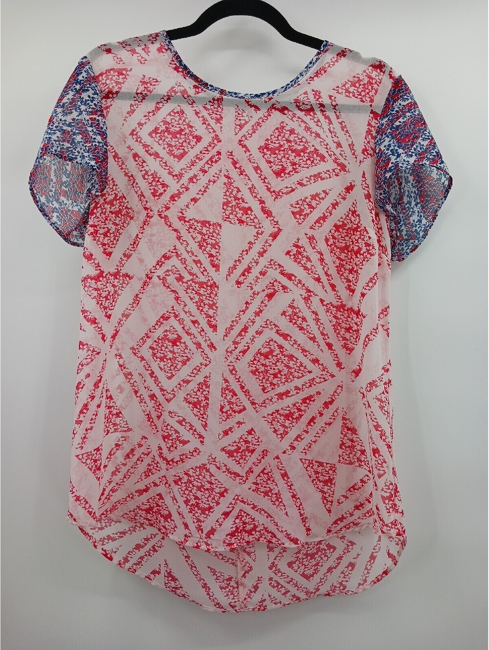 Cabi Women's Shirt Medium Pink Red White Blue Sheer Short Sleeve Blouse Casual